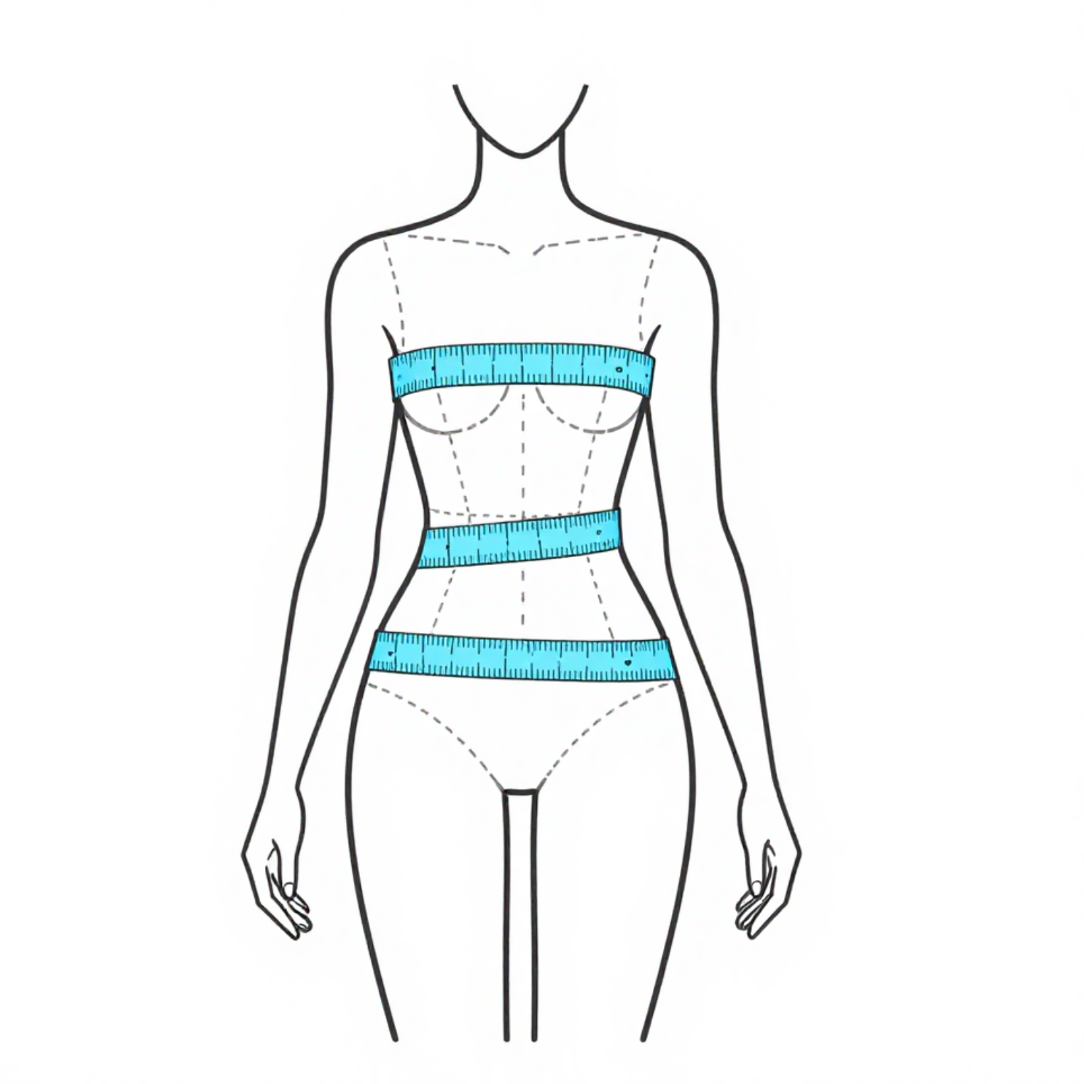 Minimal fashion croquis illustration, female figure front view, no head, clean black outline on white background, dashed body construction lines, three blue fabric measuring tapes wrapped around chest, waist and hips.